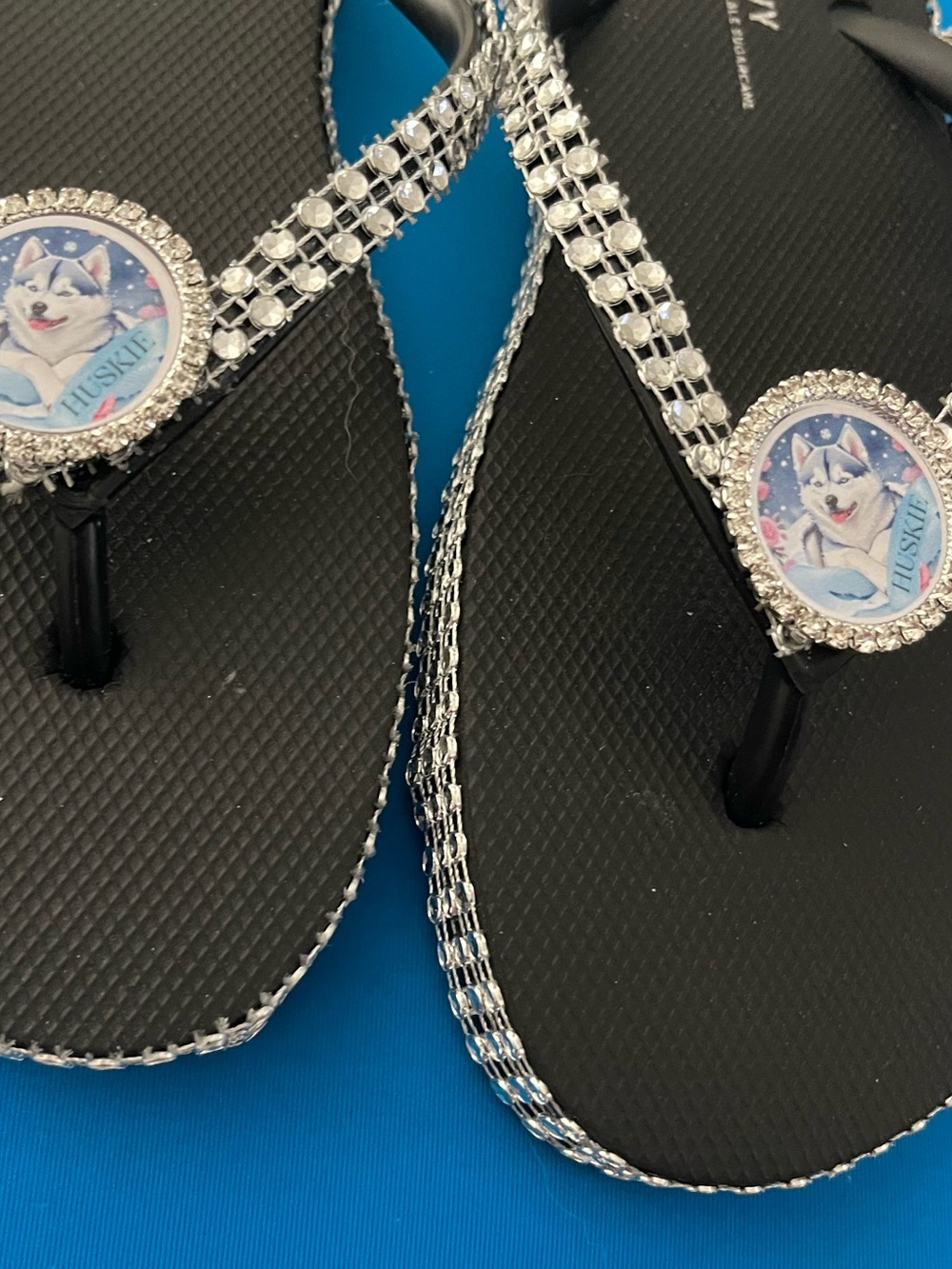 Women's Black Rhinestone Flip Flop Sandals with Husky Charm